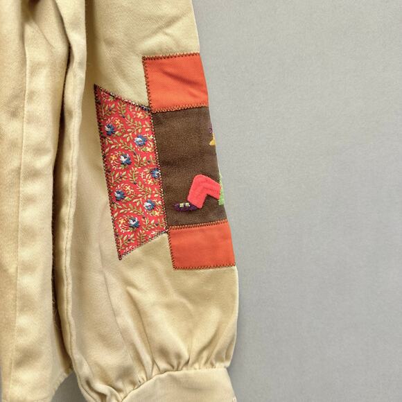 Vintage 70s tan patchwork sleeve twill cropped long sleeve Boxy top Size Small - Picture 12 of 15
